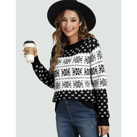 Women Ugly Christmas Black#3 Sweater Reindeer Snowflake Knit Pullover Crew Neck - Picture 3 of 6